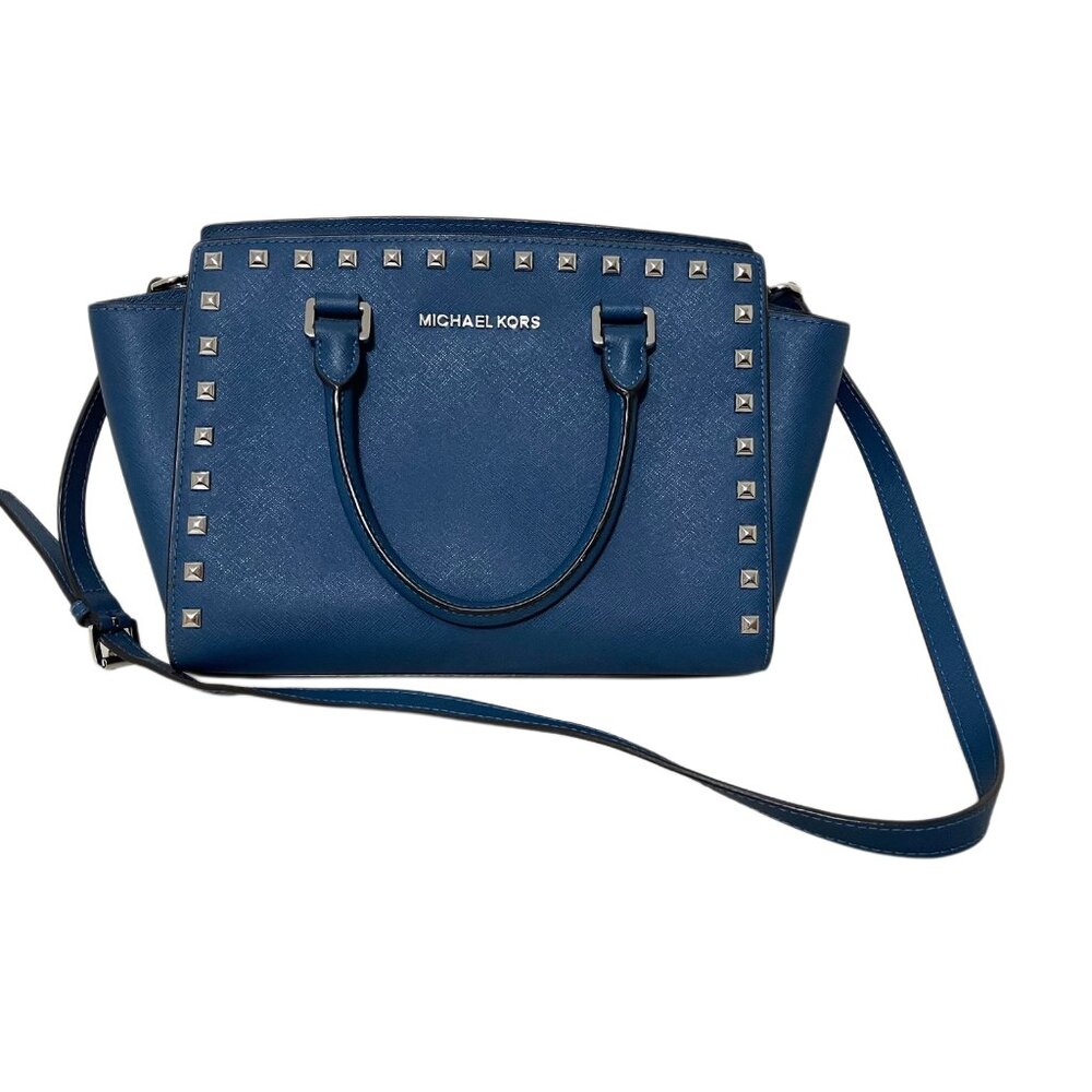 Michael Kors Selma Medium Studded Blue Saffiano Leather Crossbody Handbag